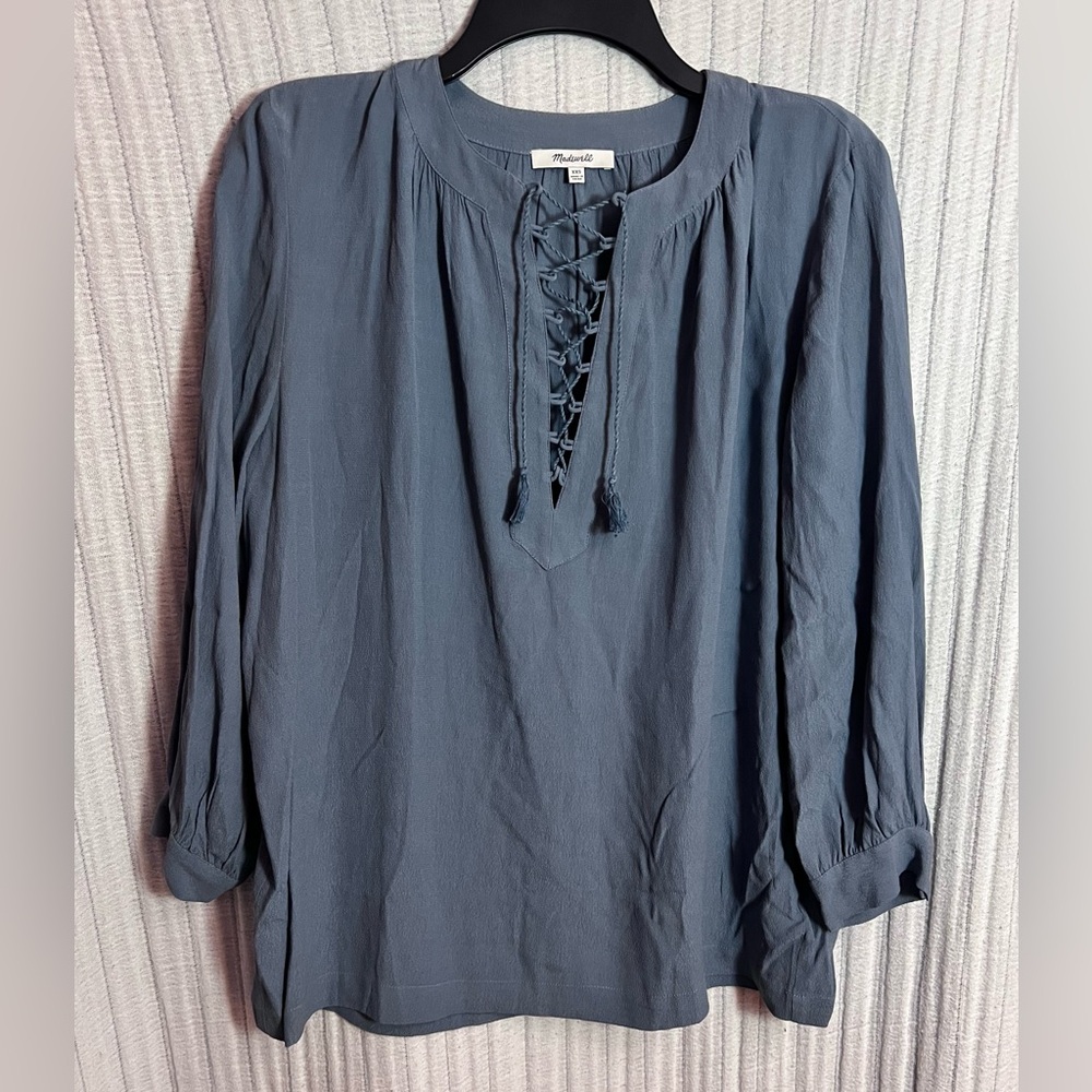 Madewell Blue Blouse with Lace-Up V-neck